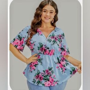 BloomChic Floral Blouse in Blue and Pink